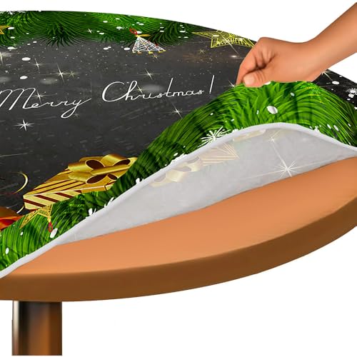 Hixingo Rund Tischdecke 3D Weihnachts Tischdecke, Elastisch Tischdecken Mit Gummizug Rand Abwaschbar Indoor Tischtuch für Weihnachtsfeier, Neujahrsessen (110cm,Gold Geschenk) von Hixingo