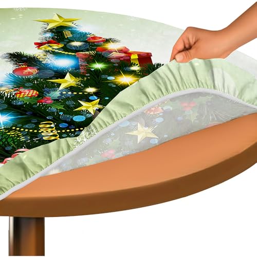 Hixingo Rund Tischdecke 3D Weihnachts Tischdecke, Elastisch Tischdecken Mit Gummizug Rand Abwaschbar Indoor Tischtuch für Weihnachtsfeier, Neujahrsessen (110cm,Weihnachtsbaum 7) von Hixingo