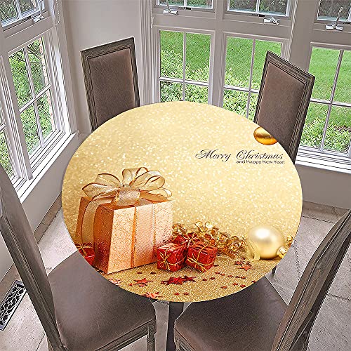 Hixingo Rund Tischdecke 3D Weihnachts Tischdecke, Elastisch Tischdecken Mit Gummizug Rand Abwaschbar Indoor Tischtuch für Weihnachtsfeier, Neujahrsessen (Durchmesser 140cm,Gold Geschenk) von Hixingo