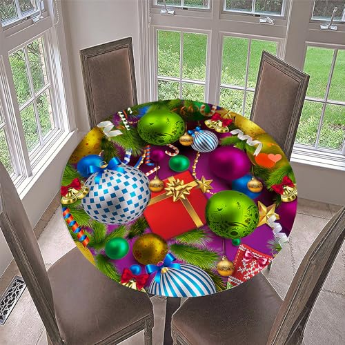 Hixingo Rund Tischdecke 3D Weihnachts Tischdecke, Elastisch Tischdecken Mit Gummizug Rand Abwaschbar Indoor Tischtuch für Weihnachtsfeier, Neujahrsessen (Grüner Ball,Durchmesser 90cm) von Hixingo