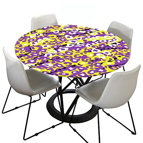 Hixingo Rund Tischdecke Leopardendruck Tischdecke, Elastisch Tischdecken Mit Gummizug Rand Abwaschbar Indoor Tischtuch für Frühling, Ostern Party (100cm,Gelb Violett) von Hixingo