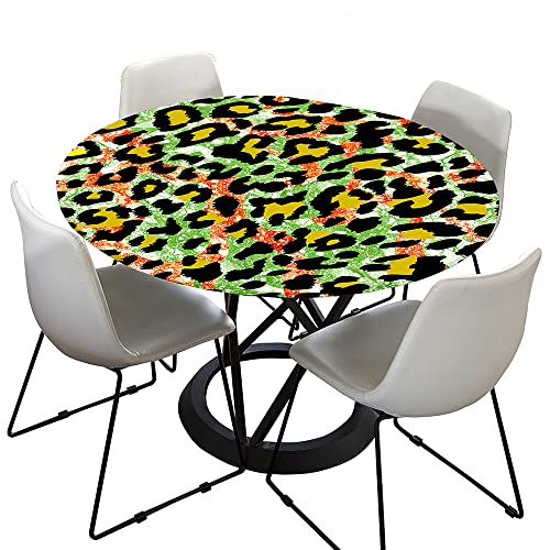 Hixingo Rund Tischdecke Leopardendruck Tischdecke, Elastisch Tischdecken Mit Gummizug Rand Abwaschbar Indoor Tischtuch für Frühling, Ostern Party (130cm,Grün Gelb) von Hixingo