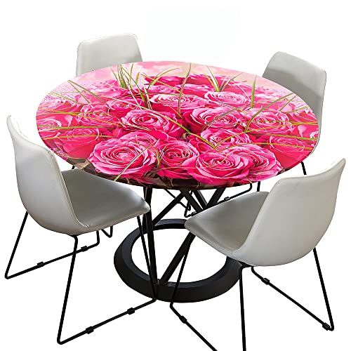 Hixingo Tischdecke, Abwaschbar Gartentischdecke Tischdecke Elastisch Rund Tischdecken Tischtuch Outdoor Indoor Tisch Schutz für Restaurant, Familie (Rosa Rose 1,Durchmesser 120cm) von Hixingo