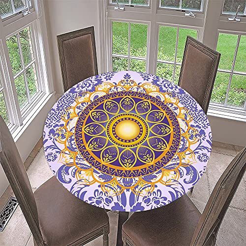 Hixingo Tischdecke Abwaschbar Gartentischdecke Tischdecke Elastisch Rund Tischdecken Tischtuch Outdoor Indoor Tisch Schutz für Restaurant, Familie (Blau Gold Mandala,Durchmesser 120cm) von Hixingo