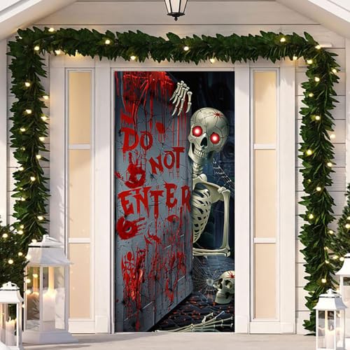 Hixingo Tür Banner Halloween, Happy Halloween Banner 90x180cm Poster Party Banner Hintergrund Türdeko Haustür Halloween Outdoor Deko für Dekoration Veranda Wand (Skelett) von Hixingo