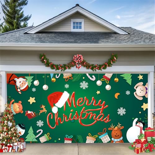 Hixingo Weihnachten Garagentor Banner Weihnachten Tür Banner, Große Garagentor Deko, Grün Frohe Weihnachten Fotohintergrund mit 6m Seil für Garage, Terrasse, Garten (240x210cm,Geschenk) von Hixingo