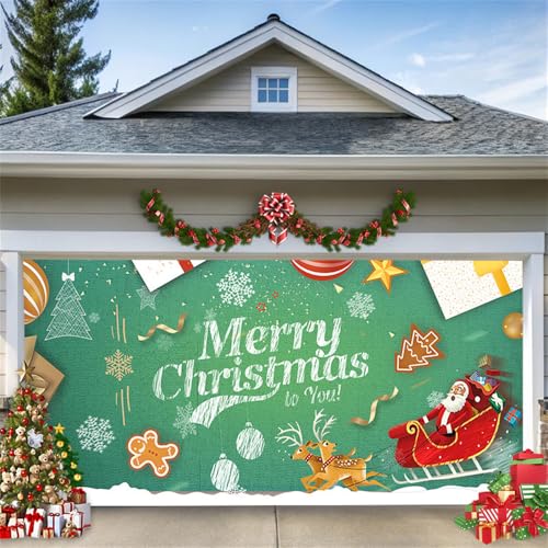 Hixingo Weihnachten Garagentor Banner Weihnachten Tür Banner, Große Garagentor Deko, Grün Frohe Weihnachten Fotohintergrund mit 6m Seil für Garage, Terrasse, Garten (400x180cm,Rentier) von Hixingo