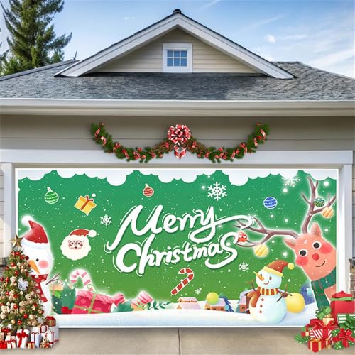 Hixingo Weihnachten Garagentor Banner Weihnachten Tür Banner, Große Garagentor Deko, Grün Frohe Weihnachten Fotohintergrund mit 6m Seil für Garage, Terrasse, Garten (480x210cm,Schnee) von Hixingo