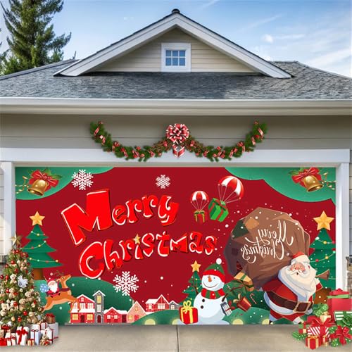 Hixingo Weihnachten Garagentor Banner Weihnachten Tür Banner, Weihnachtsmann Rentier Schneemann Garagentor Deko mit 6m Seil, Fotohintergrund für Garage, Terrasse, Garten (200x150cm,Weihnachten 4) von Hixingo