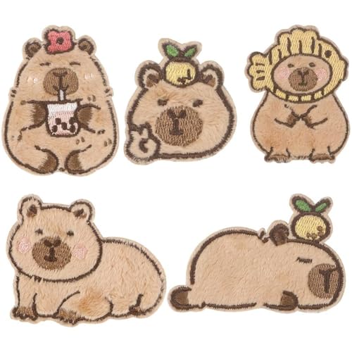 HiyyFloy Capybara Aufbügelflicken, 5 Stück, Tier-stickapplikationen, Patch-Reparatur Für Kleidung, Lustiger Süßer Aufnäher Zum Aufkleben Für Kleidung, Hut, Jacke, DIY-zubehör von HiyyFloy