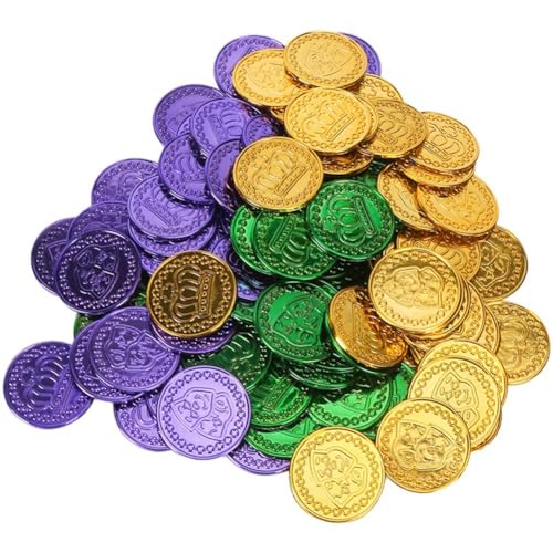 HiyyFloy Mardi Gras-münzen, 100 Stück, Piratenmünzen, Runde Plastikmünzen, Grün, Lila, Gold, Gefälschte Goldmünzen, Mardi Gras-partyzubehör von HiyyFloy