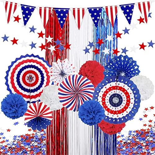 Partydekorationsset Für Den 4. Juli, Papierfächer Amerikanischer Flagge, Pompons, Fransenvorhang Aus Folie, Sternschlangen Und Wimpelkette Usa-wimpel Für Die Dekoration Zum Patriotischen von HiyyFloy