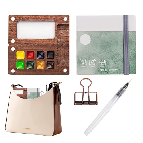 Tragbare Skizzenbuch-Palette, Aquarellfarben-Set, 8 Fächer, tragbares Aquarell-Paletten-Set – Aquarell-Skizzenbuch, Aquarell-Pinselstifte mit Binder-Clips, 8 Fächer, Mini-Reise-Farbpalette aus Holz von Hjatirace