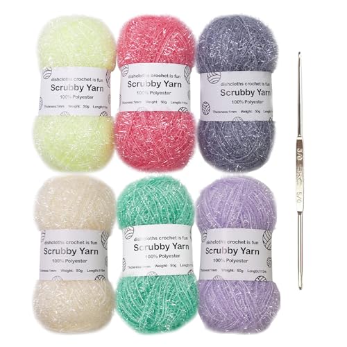 Hkfgdjdl Scrubby-Garn, Peeling-Garn für Geschirrtücher, Häkelgarn, Polyester-Garn, Häkelgarn mit Haken, handgefertigtes Garn, funkelt, Geschirrpeeling-Garn von Hkfgdjdl