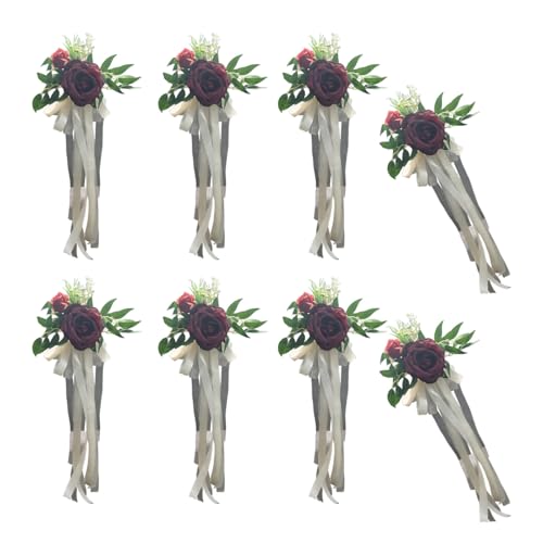 Hkfgdjdl Stuhl-Dekorationen, elegante weiße künstliche Blumen, Stuhldekorationen, Bänke, Bänke, Blumen mit Bändern, für Hochzeit, Gang, Party, 6 Stück von Hkfgdjdl