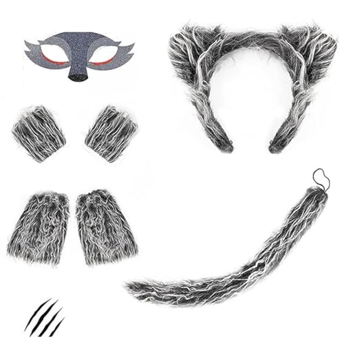 Hkfgdjdl Wolf-Kostüm-Set, Kinder-Kostüm-Set mit eleganten Stirnbändern und Schwanz, Dschungeltier-Kostüm, für Halloween, Partyzubehör, Dekoration von Hkfgdjdl