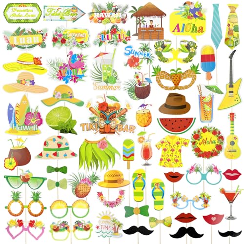 62 Stück Hawaii Photo Booth Props,Luau Party Fotorequisite DIY Photo Requisiten Sommer Party Accessoires Sommer Strand Urlaub Geburtstag Party von Hlimior