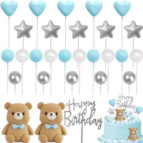 Blau Kuchen Deko Junge, Teddybär Kuchen Deko, Baby Tortendeko, Blauer Bär Deko Happy Birthday Cake Topper DIY Tortendeko Hochzeit für Hochzeit Hochzeitstag Geburtstag Babyparty von Hlimior