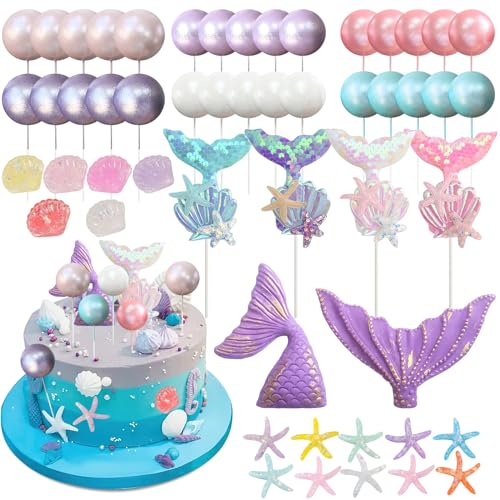 52 Stück Meerjungfrau Tortendeko, Lila Ball Kuchen Dekoration, Glitzer Mermaid Cake Toppers für Mädchen Frauen Geburtstag Party Dekoration zum Ocean Theme Torten Deko Supplies von Hlimior