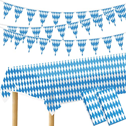 Oktoberfest Partydekorationen, 2 Stück 128x275cm Oktoberfest Tischdecke und 5 Stück 2M Bayerische Flagge Wimpel Banner, Blau Weiß Bayernraute Partytischdecke für Oktoberfest Bayrische Deko von Hlimior