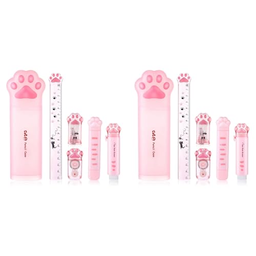 Hlxnyami SüßEs Katzenpfoten-Briefpapier-Set, 12-Teiliges Kawaii-Katzen-Briefpapier-Set, Bleistiftspitzer, Einziehbarer Radiergummi, Korrekturband-Lineal von Hlxnyami