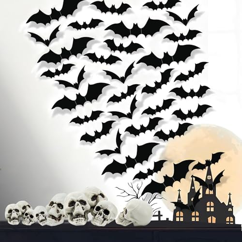 Hmfmdy 88 Stück Halloween 3D Fledermäuse Wand Aufkleber, 10 Stück Halloween Schädel Realistisch aussehende kleine Schädel Köpfe, Totenkopf Dekoration für Halloween, Partydeko, Gruselparty von Hmfmdy