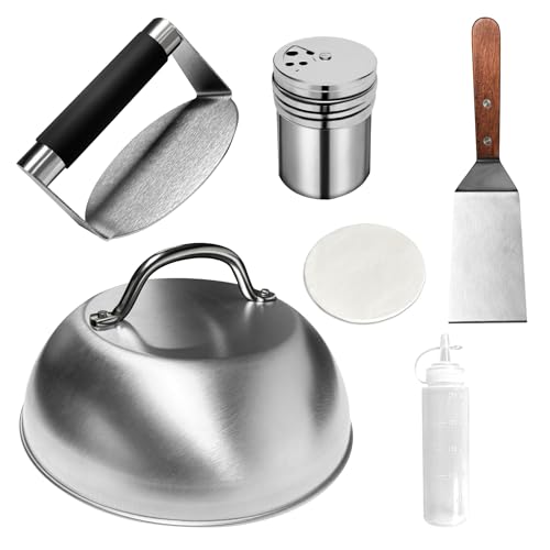 Hmfmdy Burgerpresse, Smash Burger Set, Metall-Burger-Spatel, Burger-Kuppel, Gewürzstreuer, Wachsscheibenpapier, Quetschflaschen, Flat-Top-Grill-Zubehör, Burgerpresse Edelstahl, Kochutensilien-Set von Hmfmdy