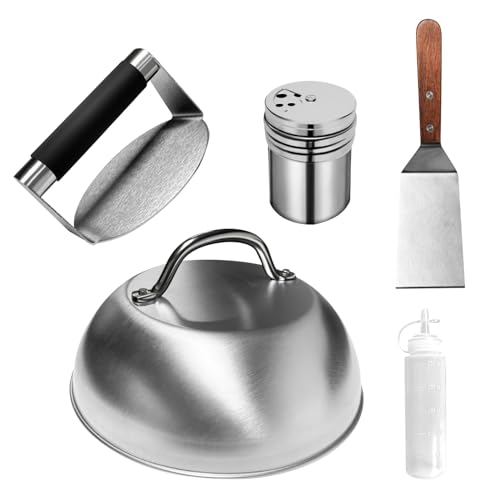 Hmfmdy Burgerpresse, Smash Burger Set, Metall-Burger-Spatel, Burger-Kuppel, Gewürzstreuer, Wachsscheibenpapier, Quetschflaschen, Flat-Top-Grill-Zubehör, Burgerpresse Edelstahl, Kochutensilien-Set von Hmfmdy