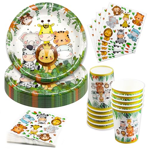 Hmfmdy Dschungel Tiere Partygeschirr Set, 40 Stück Dschungel Safari Party Deko, Geburtstag Geschirr Kit, Mit Pappteller Becher Servietten, Kindergeburtstag Party Geschirr Supplies für 10 Gäste von Hmfmdy