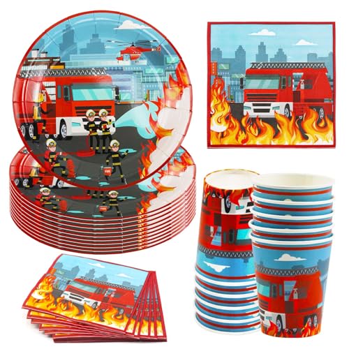 Hmfmdy Feuerwehrmann Partygeschirr Set, 40 Stück Feuerwehrauto Party Deko, Feuerwehrauto Geburtstag Geschirr Kit Mit Pappteller Becher Servietten, Fireman Kindergeburtstag Party Supplies für 10 Gäste von Hmfmdy