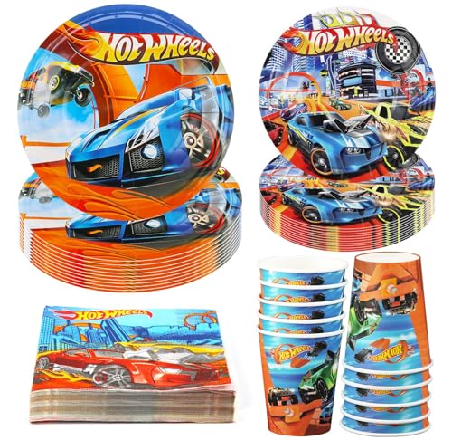 Hmfmdy Rennauto Partygeschirr Set, 50 Stück Racing car Party Deko, Rennauto Geburtstag Geschirr Kit, Mit Pappteller Becher Servietten, Autos Kindergeburtstag Party Geschirr Supplies für 10 Gäste von Hmfmdy