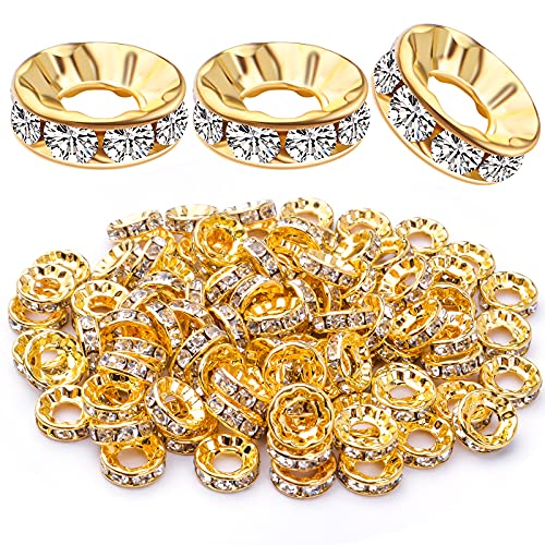 100pcs 10mm Strass Europäische Perlen Kristall Rondelle Spacer Perlen Messing Großes Loch Lose Charm Perlen für DIY Schlangenkette Armbänder Halsketten Schmuckherstellung Zubehör, Gold, Loch:4.6mm von Hmjpng