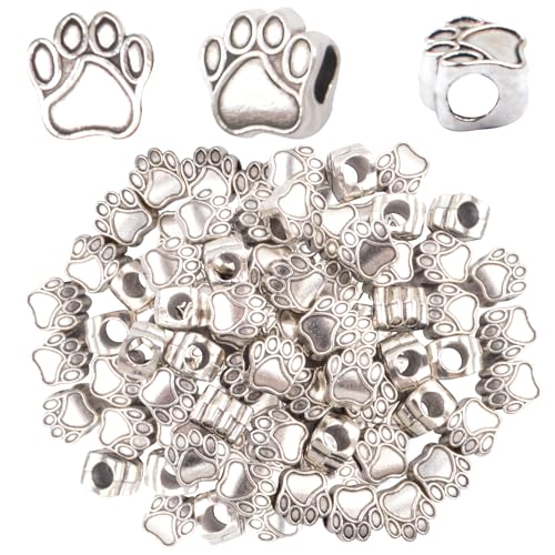 50pcs Antik Silber Tier Pfotenabdruck Spacer Perlen Vintage Legierung Hund Bär Fußabdruck Europäische Große Loch Perlen Zubehör für DIY Armband Ohrringe Handwerk Schmuckherstellung, Loch:4.8mm von Hmjpng