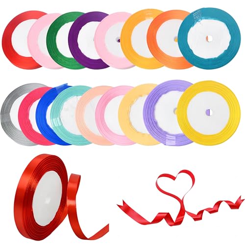 18 Rollen Satinbänder Set -10mm x 22m- Geschenkbänder in 18 Farben, Bunte Deko Satinband Polyester Schleifenband, Glitzer Verpackung Seidenbänder für Basteln/Party/Luftballons/Hochzeiten/Weihnachten von HoaaiGo