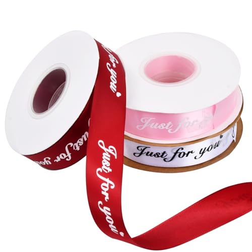 3 Rollen Geschenkband Weihnachten 25mm, 34,7 Meter/Rolle, Schleifenband Breit Bunt mit Muster, Satinband Geschenkbänder Geschenkverpackung Dekoband, Stoffband für Hochzeit (Weinrot+Weiß+Rosa) von HoaaiGo