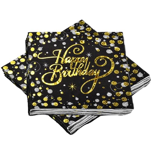 60 Stück Folierte Geburtstag Servietten Happy Birthday Servietten, Metallisch Party Servietten, Happy Birthday Napkin, Schwarz Gold Papier Servietten Happy Birthday Celebration für Geburtstag Party von HoaaiGo