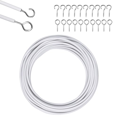 Vorhangdraht Weiß Set Gardinendraht Curtain Wire Cord Gardinenschnur, 10 Meter Vorhang Drahtseil Draht Hängender Kabel Kit mit 10 Haken und 10 Ösenschraube Edelstahl für Gardinenstangen von HoaaiGo