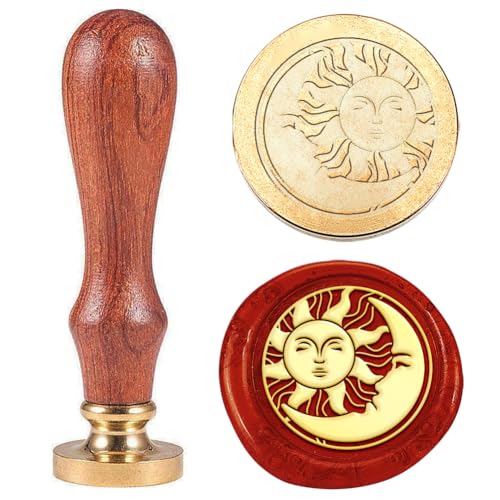 Hobbspring 1 Stück Wachs Siegelstempel Mit Sonne Mond Gesicht Halbmond Vintage Wachs Siegelstempel Geschenk für Weihnachten 25mm Abnehmbarer Messingkopfstempel Mit Holzgriff Einladungskarten von Hobbspring