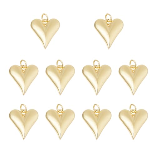 Hobbspring 10 Stück Messing Herz Anhänger Real 18K Gold Love Charms 15.5mm 3D Goldenes Herz Charme Ohrring Dangle Anhänger Charms mit Jump Rings für Schmuck, Armbänder und DIY-Projekte von Hobbspring