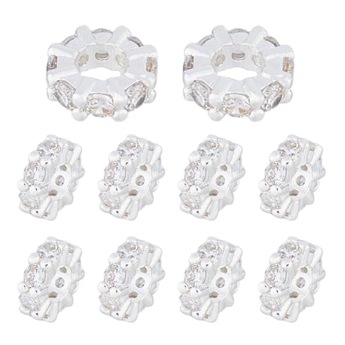 Hobbspring 10pcs Rondelle Spacer Perlen 8mm flache Runde Spacer Perlen Messing Cubic Zirkonia Perlen Silber Strass lose Perlen für DIY Armband Halskette Schmuck machen liefert von Hobbspring