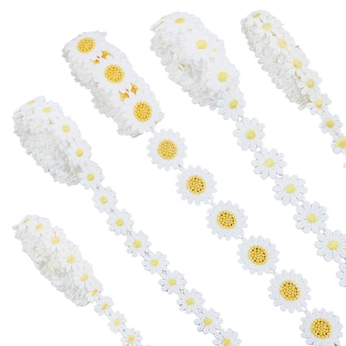 Hobbspring 15 Yards 5 Stile Gänseblümchen Blumenspitze Sonnenblumen Spitzenbesatz Dekoration Bestickter Besatz Gänseblümchenband Handgefertigtes Patchworkband Zum Nähen Basteln Haarband Dekoration von Hobbspring