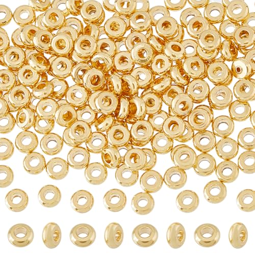 Hobbspring 200pcs 18K Gold Disc Perlen Edelstahl Spacer Perlen 4mm Flach Runde Metall Perlen Golden Rondelle Lose Perlen für DIY Armbänder Halsketten Schmuck machen von Hobbspring