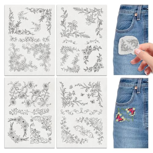 Hobbspring 4 Blatt Wasserlösliche Stickmuster 29.7x21cm Florales Eckstickpapier Zum Aufkleben Und Nähen Selbstklebendes Stick Transferpapier Für Hemden Mäntel Taschen von Hobbspring