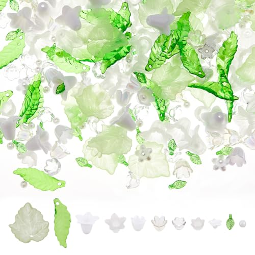 Hobbspring 460 Stück Acryl Blumenblatt Kappen Perlen Charms 7 Stile Blumen Und 3 Stile Blätter Transparente Florale Blatt Abstandshalter Perlen Acryl Glockenperlen Set Zur Schmuckherstellung von Hobbspring