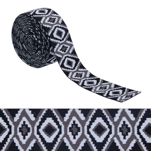 Hobbspring 5 Yards Vintage Jacquardband 48mm breite Boho Spitzenverzierungen Besatz Mit Ethnischen Bestickten Bändern Mit Schwarz Weißem Rautenmuster Für Kleidungsaccessoires von Hobbspring