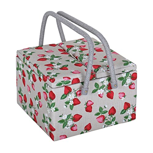 Hobby Gift Exklusive große Aufbewahrungsbox mit zwei Deckeln zum Nähen, Basteln, Hobby, Zubehörablage, Nadelkissentaschen, PVC-Griffe, 25 x 25 x 17 cm, Erdbeeren von Hobby Gift