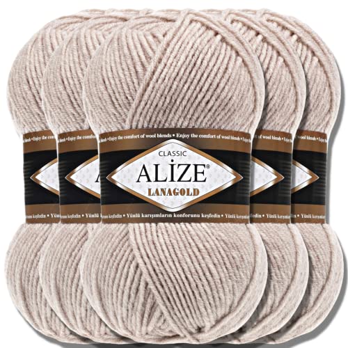 Alize 5 x 100g Lanagold Classic Türkische Premium Wolle Baumwolle und Acryl Uni Handstrickgarne | Yarn | Garn | Strickgarn Einfarbig Baby zum Häkeln Stricken Kleidung Schals (Stone | 585) von Hobby YARN