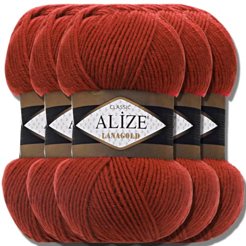 Alize 5 x 100g Lanagold Classic Türkische Premium Wolle Baumwolle und Acryl Uni Handstrickgarne | Yarn | Garn | Strickgarn Einfarbig Baby zum Häkeln Stricken Kleidung Schals (Terra | 36) von Hobby YARN