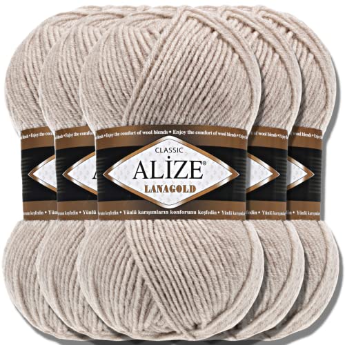 Alize 5 x 100g Lanagold Türkische Premium Wolle Baumwolle und Acryl Handstrickgarne | Yarn | Garn | Strickgarn Accessoire Baby zum Häkeln Stricken Kleidung Schals (Beige Melange | 152) von Hobby YARN