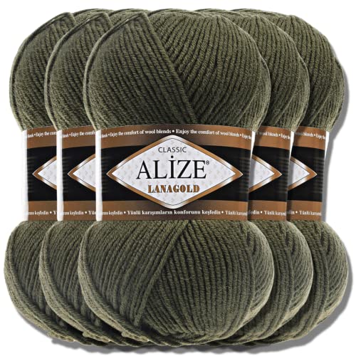 Alize 5 x 100g Lanagold Türkische Premium Wolle Baumwolle und Acryl Handstrickgarne | Yarn | Garn | Strickgarn Accessoire Baby zum Häkeln Stricken Kleidung Schals (Khaki | 29) von Hobby YARN